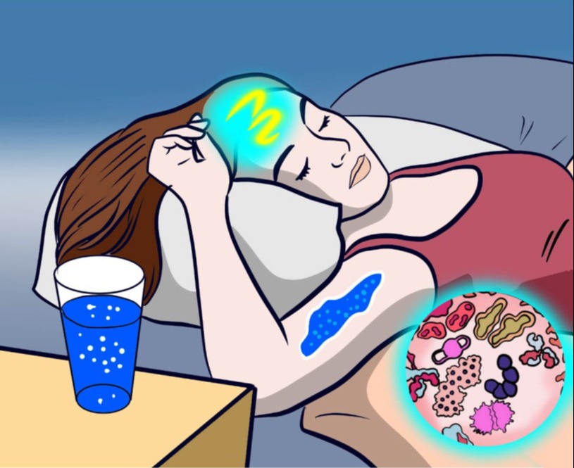 Bedtime ritual to melt fat effortlessly showing woman sleeping with SleepLean and gut health improvement visualization