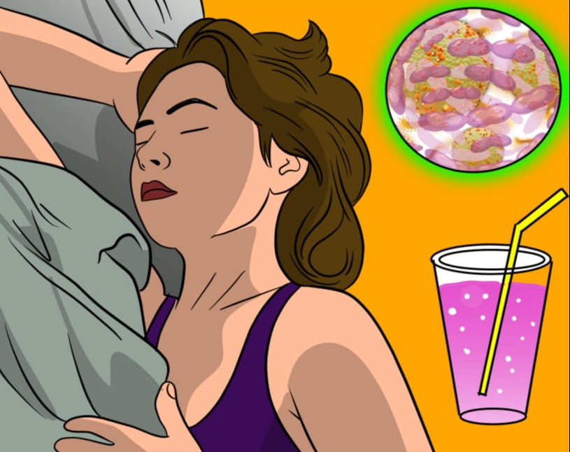 Woman sleeping peacefully with SleepLean drink showing fat cells being eliminated during bedtime routine for natural weight loss